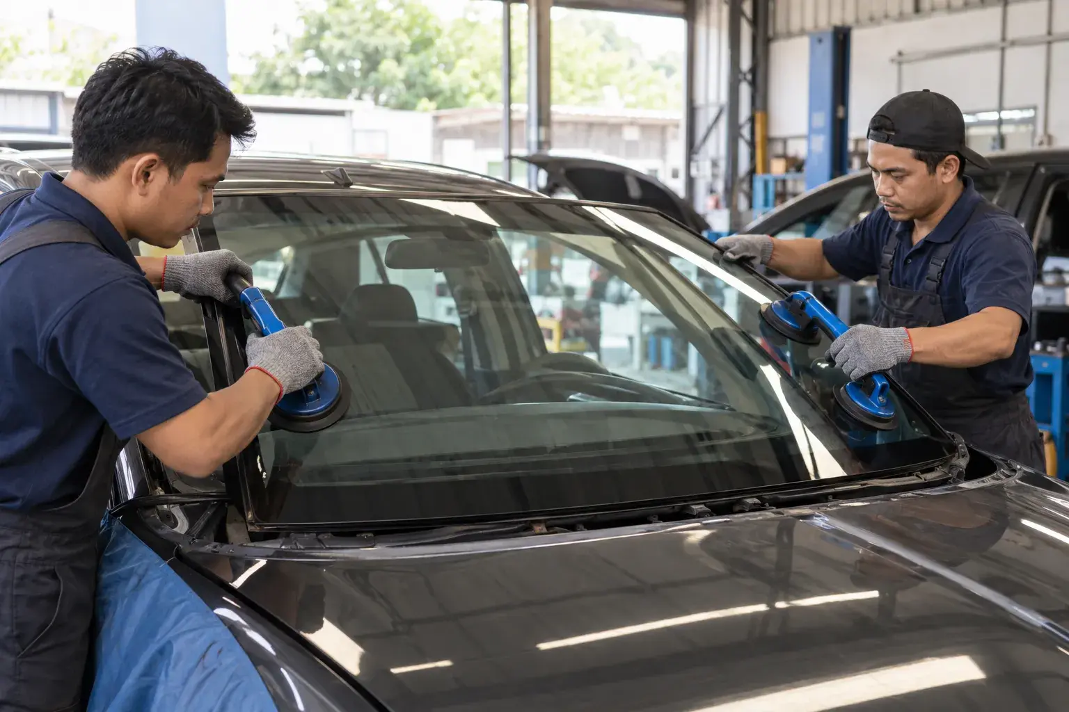 Teknisi memasang kaca depan mobil menggunakan alat pengangkat