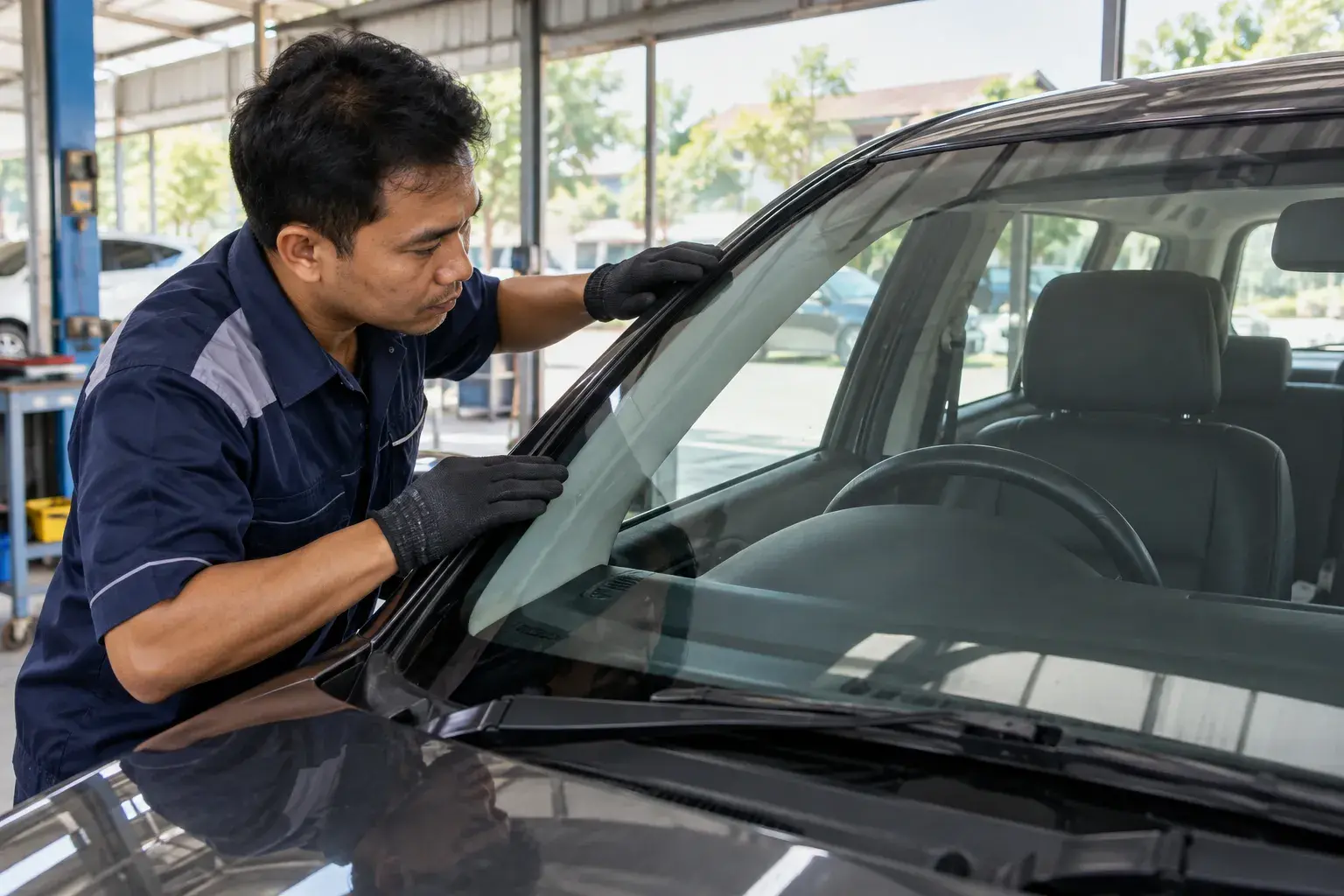 Teknisi memeriksa tepi kaca depan yang baru terpasang